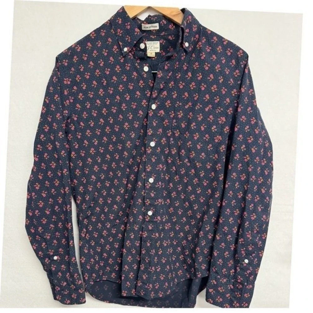 J.Crew Mens Navy Floral size small Secret Wash Slim Shirt 98% Organic Cotton